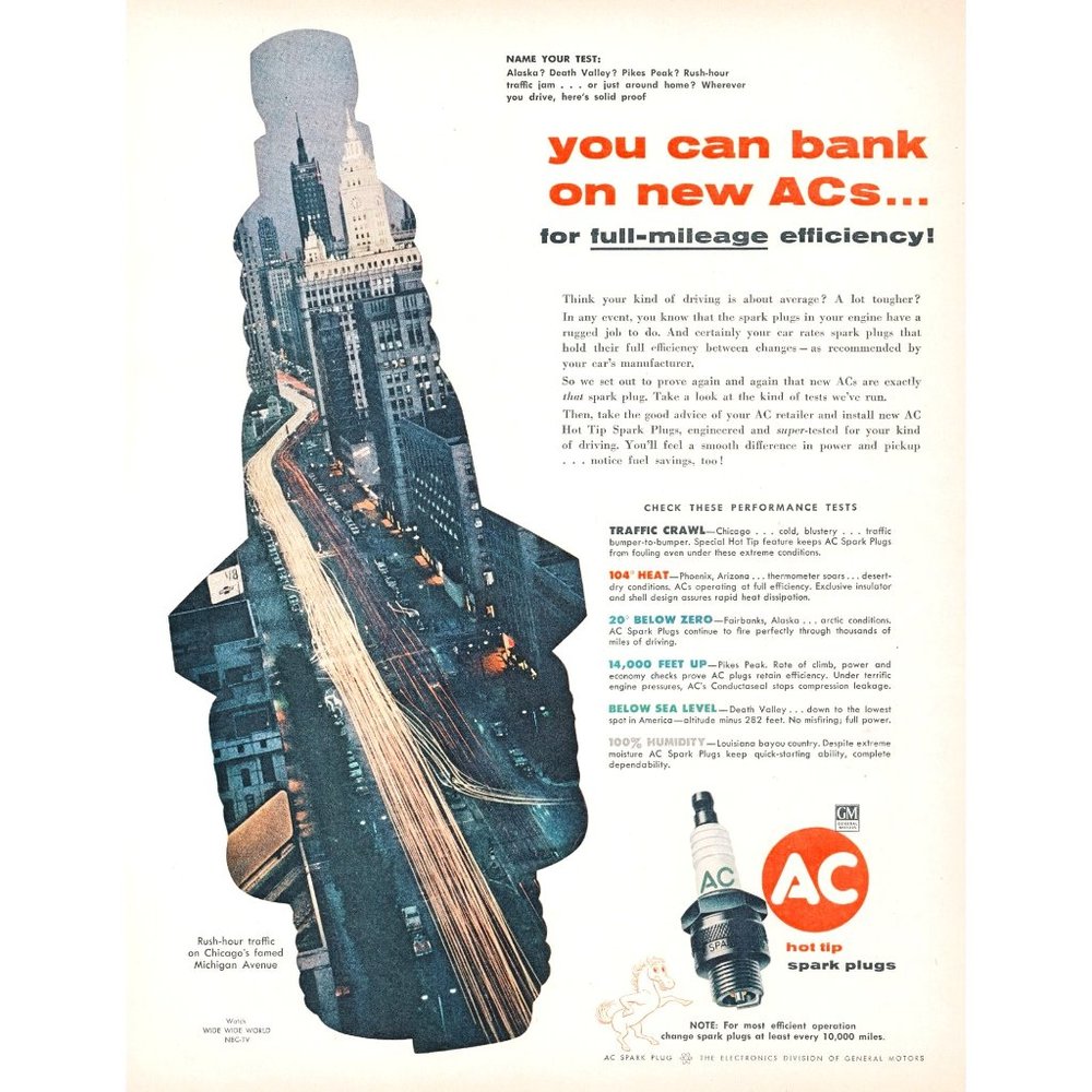 1957 AC Spark Plugs Vintage Print Ad Chicago SkyLine Time Lapse Michigan Avenue